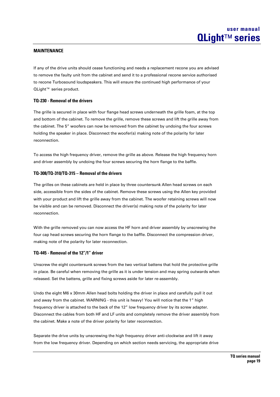 Qlight ™ series, User manual | Turbosound TQ-115 User Manual | Page 19 / 29