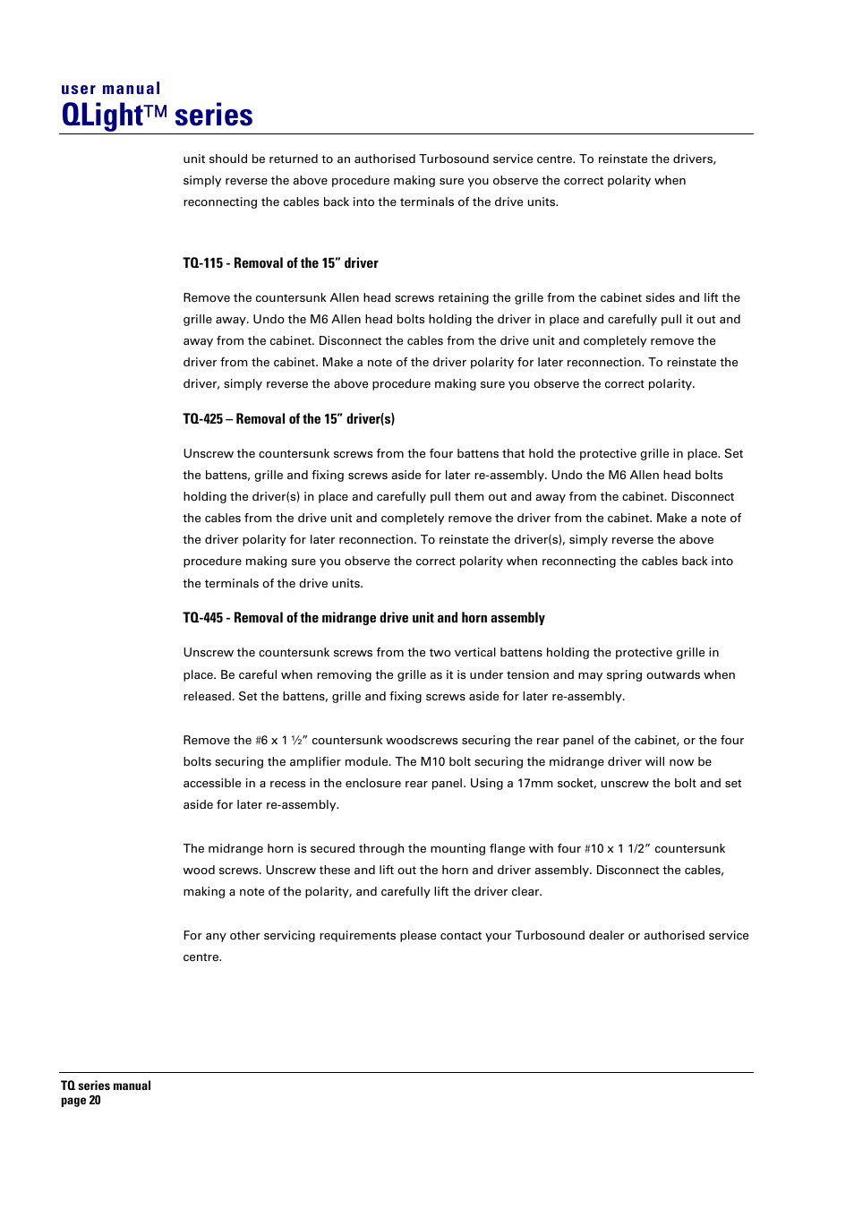 Qlight ™ series, User manual | Turbosound TQ-115 User Manual | Page 20 / 29