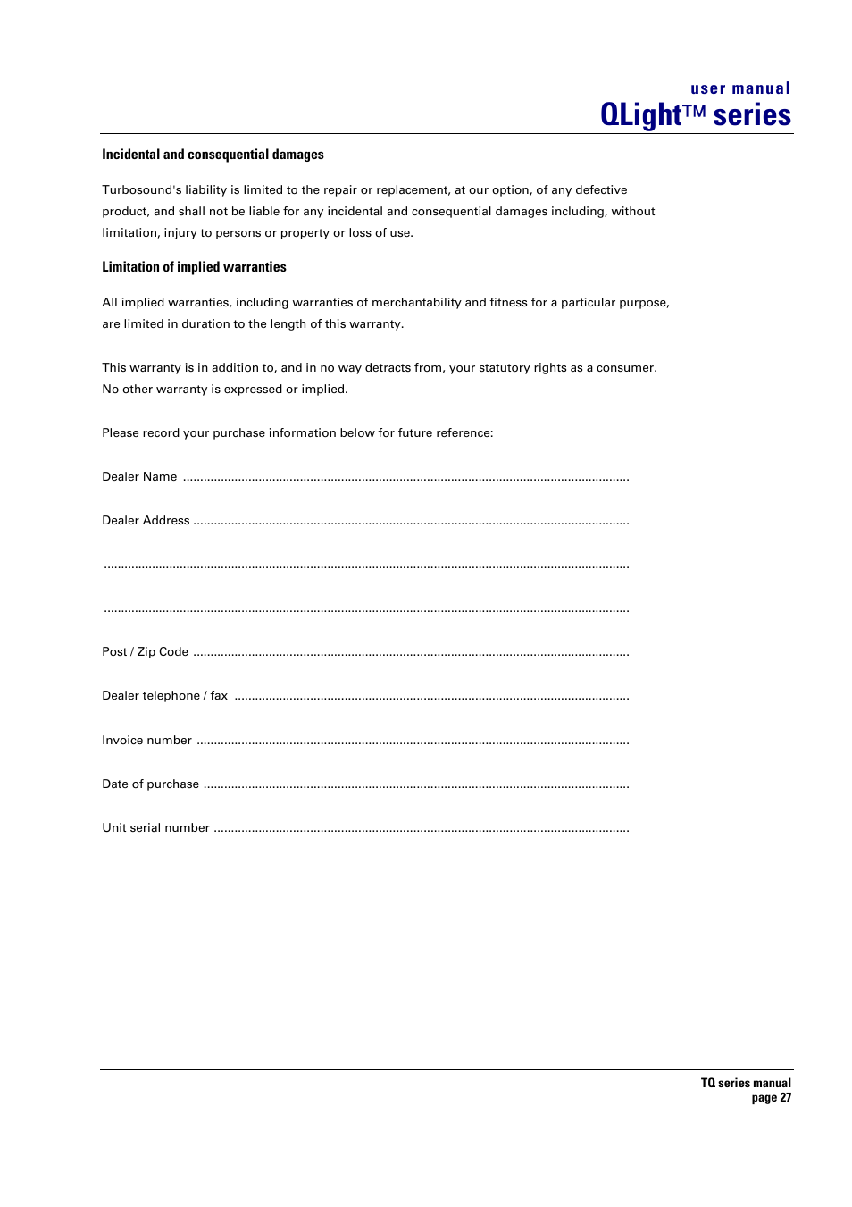 Qlight ™ series, User manual | Turbosound TQ-115 User Manual | Page 27 / 29