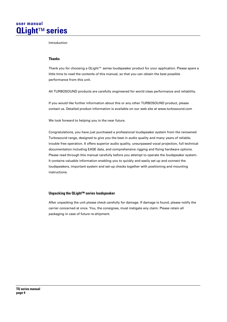 Qlight ™ series, User manual | Turbosound TQ-115 User Manual | Page 4 / 29