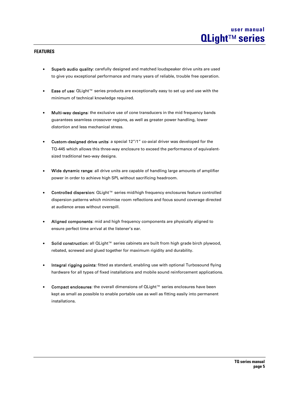 Qlight ™ series, User manual | Turbosound TQ-115 User Manual | Page 5 / 29