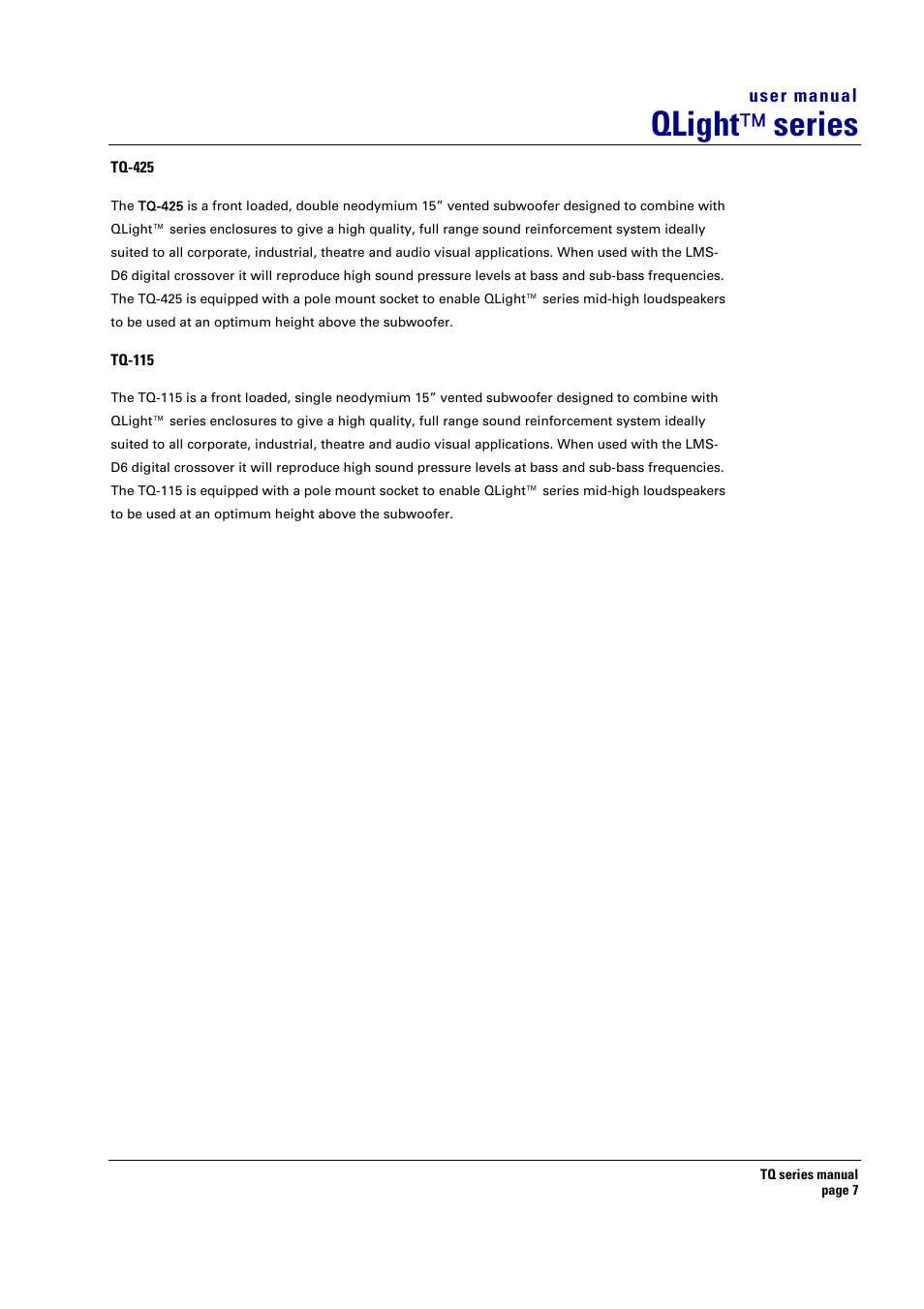 Qlight ™ series, User manual | Turbosound TQ-115 User Manual | Page 7 / 29