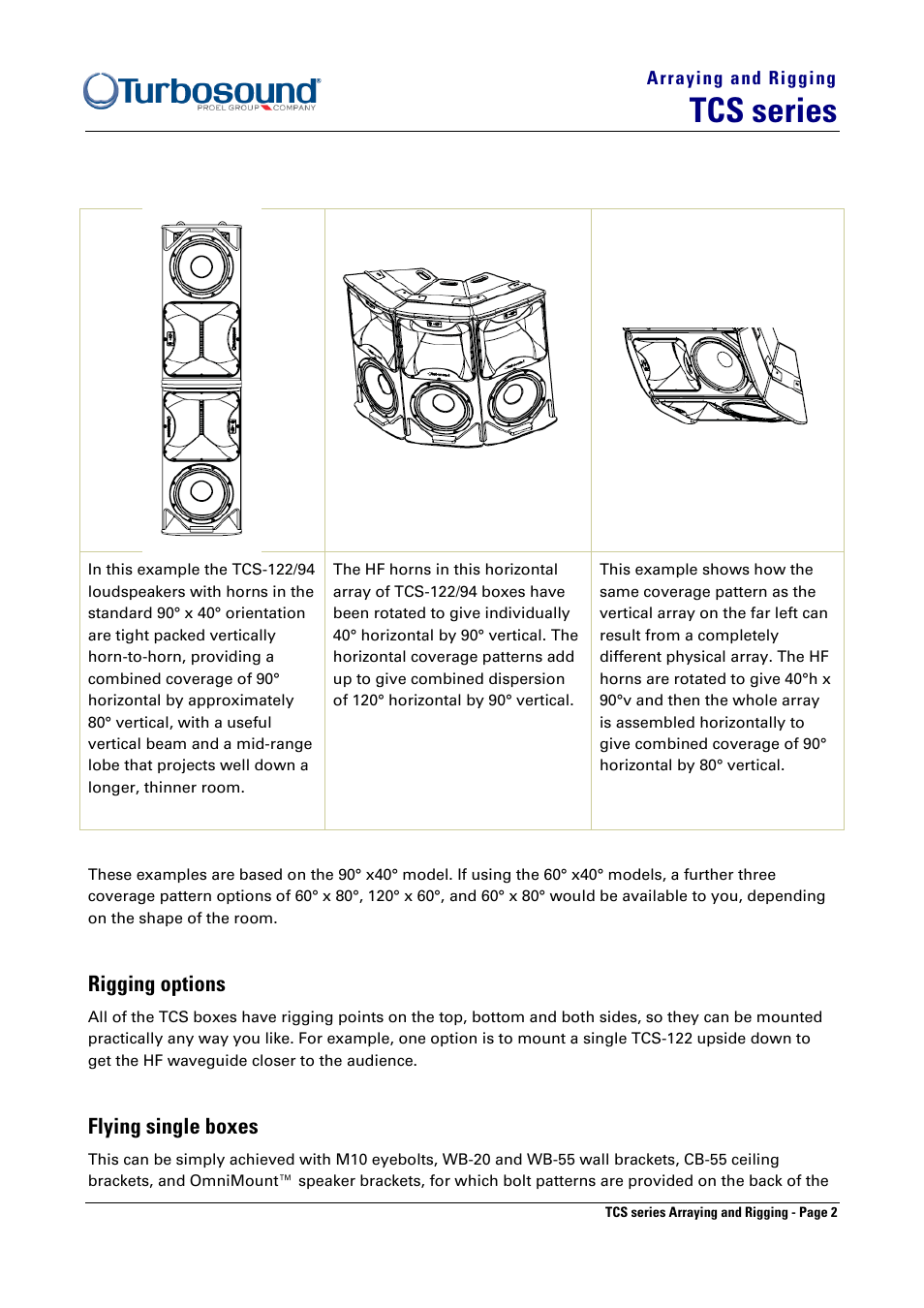 Tcs series, Rigging options, Flying single boxes | Turbosound TCS-122 User Manual | Page 2 / 8