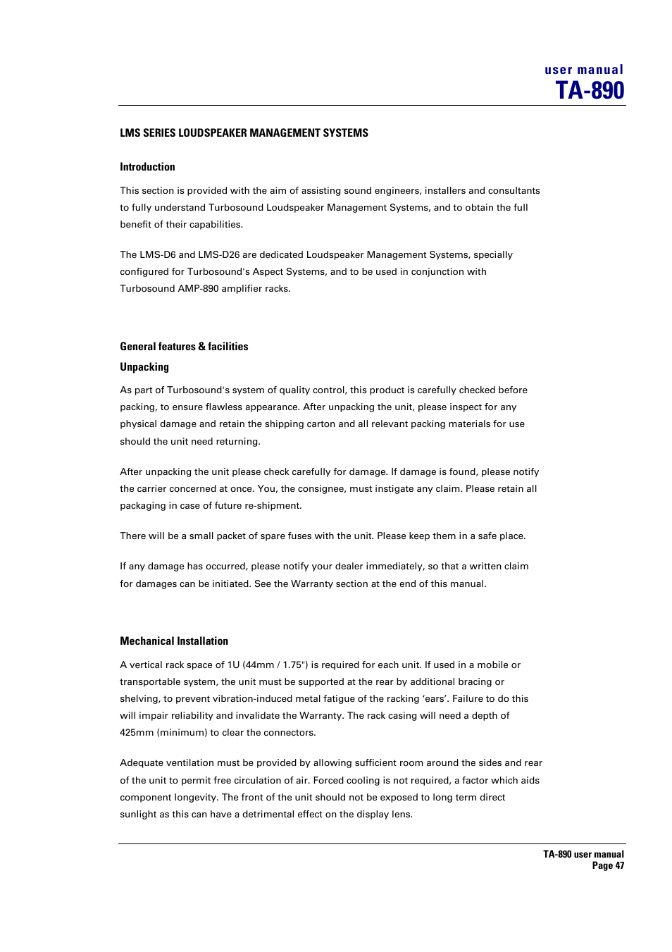 Ta-890, User manual | Turbosound LMS-D6 User Manual | Page 47 / 95