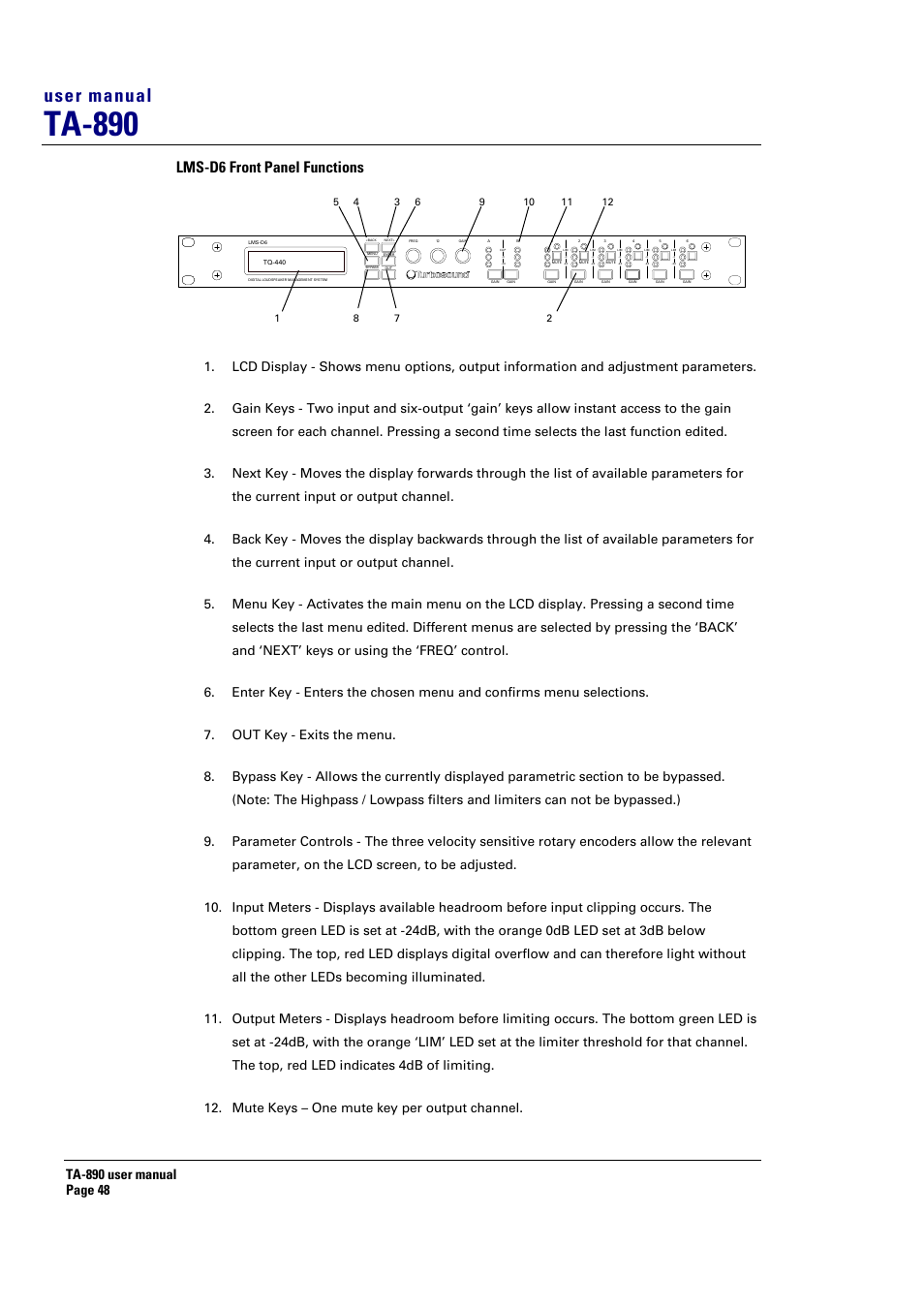 Ta-890, User manual, Lms-d6 front panel functions | Turbosound LMS-D6 User Manual | Page 48 / 95