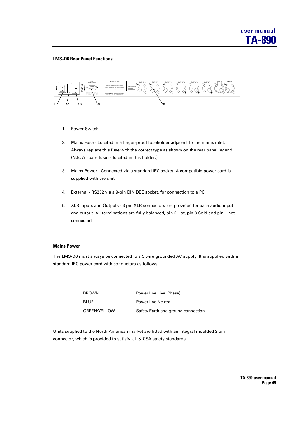Ta-890, User manual, Lms-d6 rear panel functions | Mains power | Turbosound LMS-D6 User Manual | Page 49 / 95
