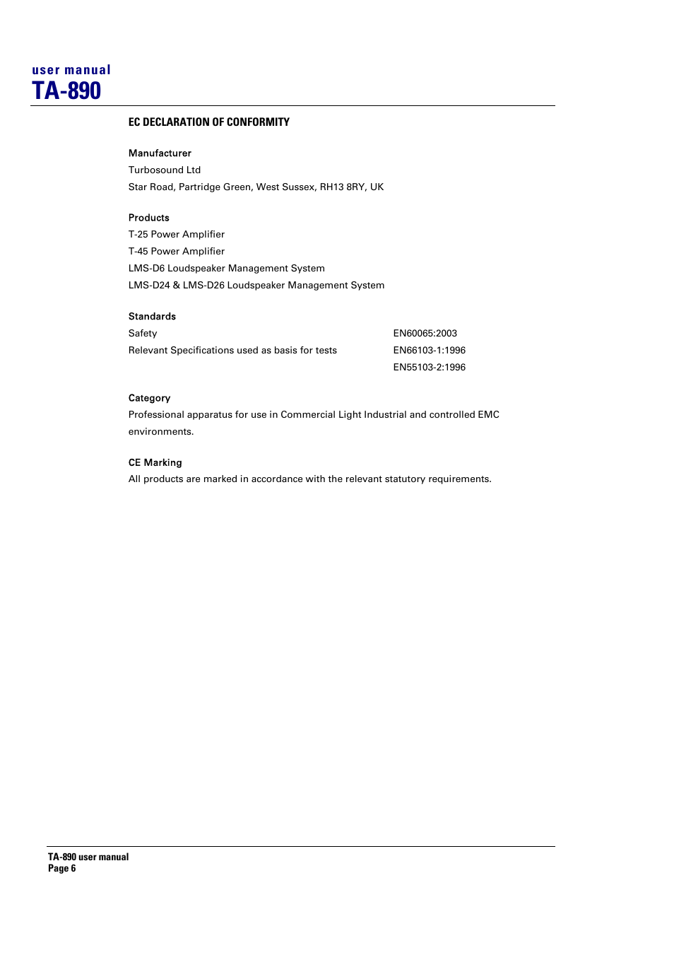 Ta-890, User manual | Turbosound LMS-D6 User Manual | Page 6 / 95