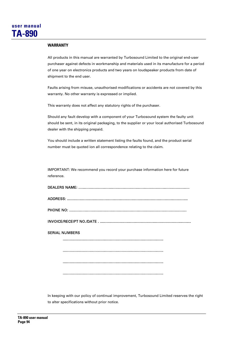 Ta-890, User manual | Turbosound LMS-D6 User Manual | Page 94 / 95