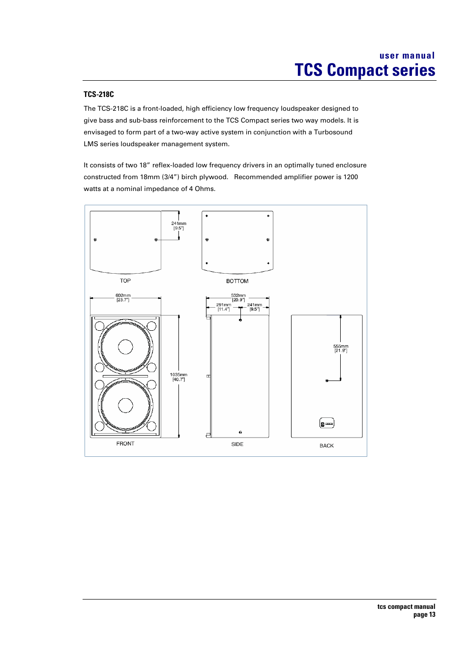 Tcs compact series | Turbosound TCS COMPACT SERIES User Manual | Page 13 / 41