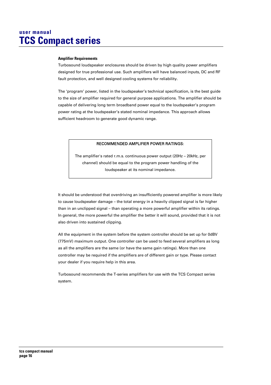 Tcs compact series, User manual | Turbosound TCS COMPACT SERIES User Manual | Page 16 / 41