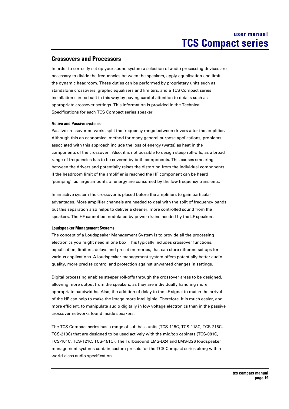 Tcs compact series, Crossovers and processors, User manual | Turbosound TCS COMPACT SERIES User Manual | Page 19 / 41