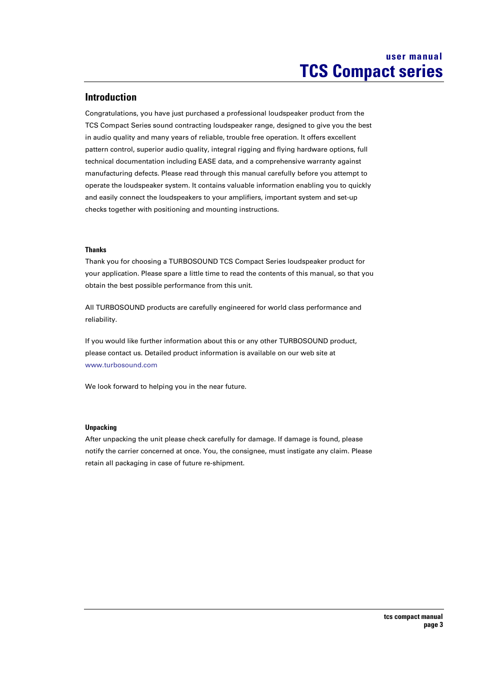 Tcs compact series, Introduction, User manual | Turbosound TCS COMPACT SERIES User Manual | Page 3 / 41