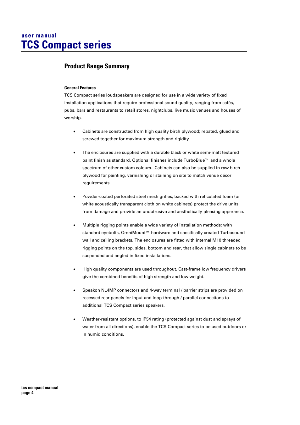 Tcs compact series, Product range summary, User manual | Turbosound TCS COMPACT SERIES User Manual | Page 4 / 41
