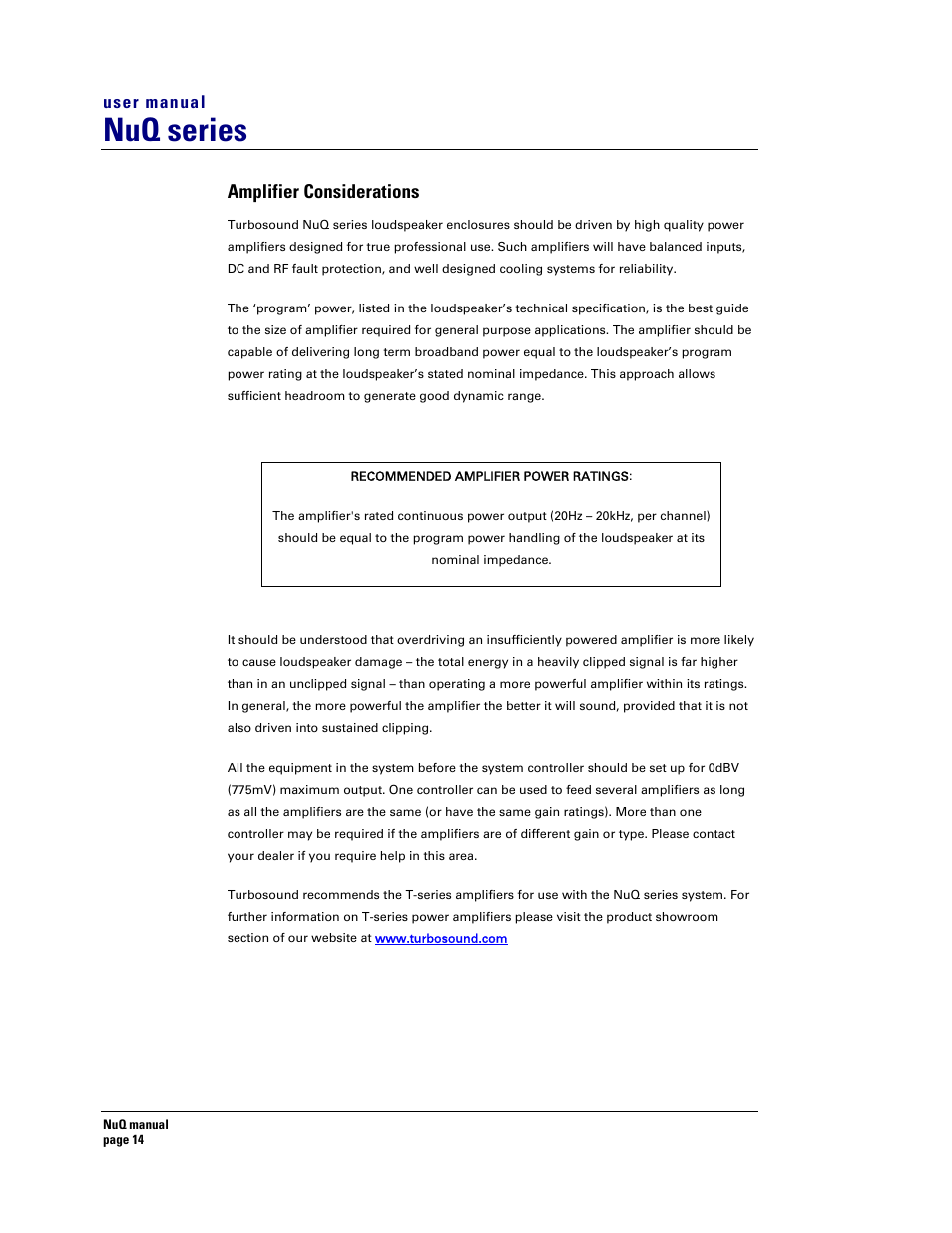 Nuq series, Amplifier considerations | Turbosound NuQ SERIES User Manual | Page 14 / 50