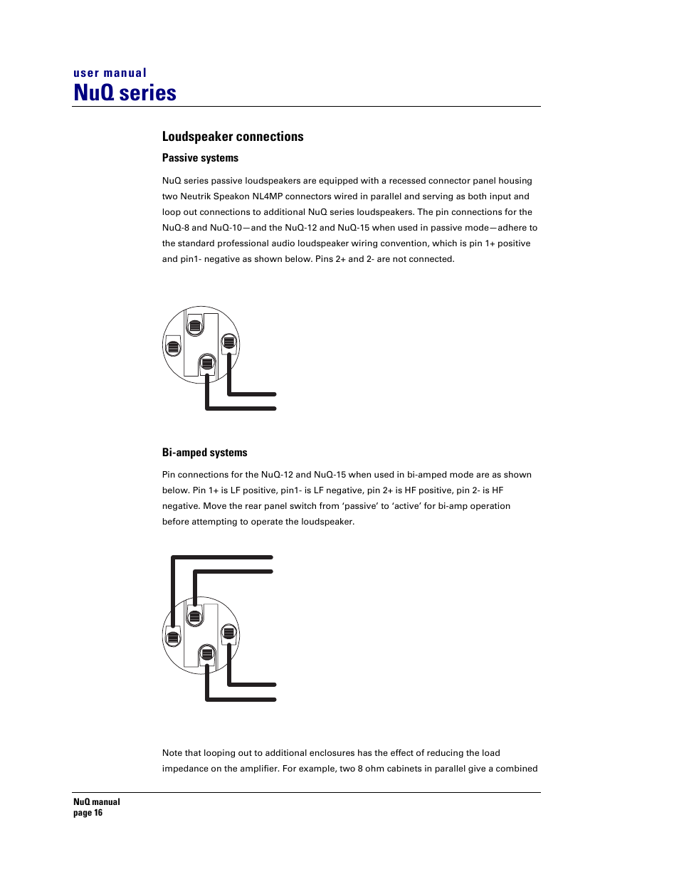 Nuq series, Loudspeaker connections | Turbosound NuQ SERIES User Manual | Page 16 / 50
