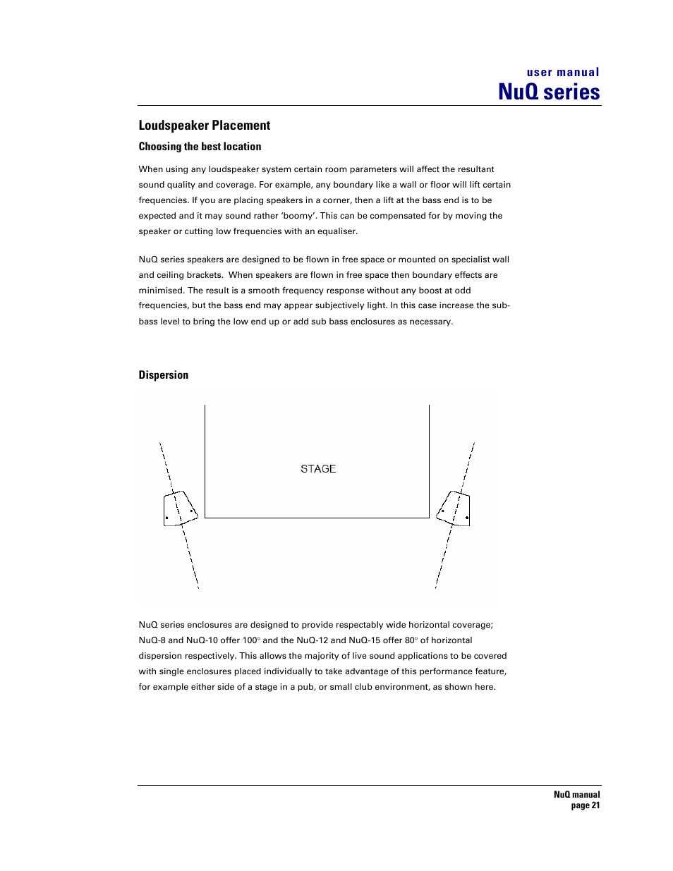 Nuq series, Loudspeaker placement | Turbosound NuQ SERIES User Manual | Page 21 / 50