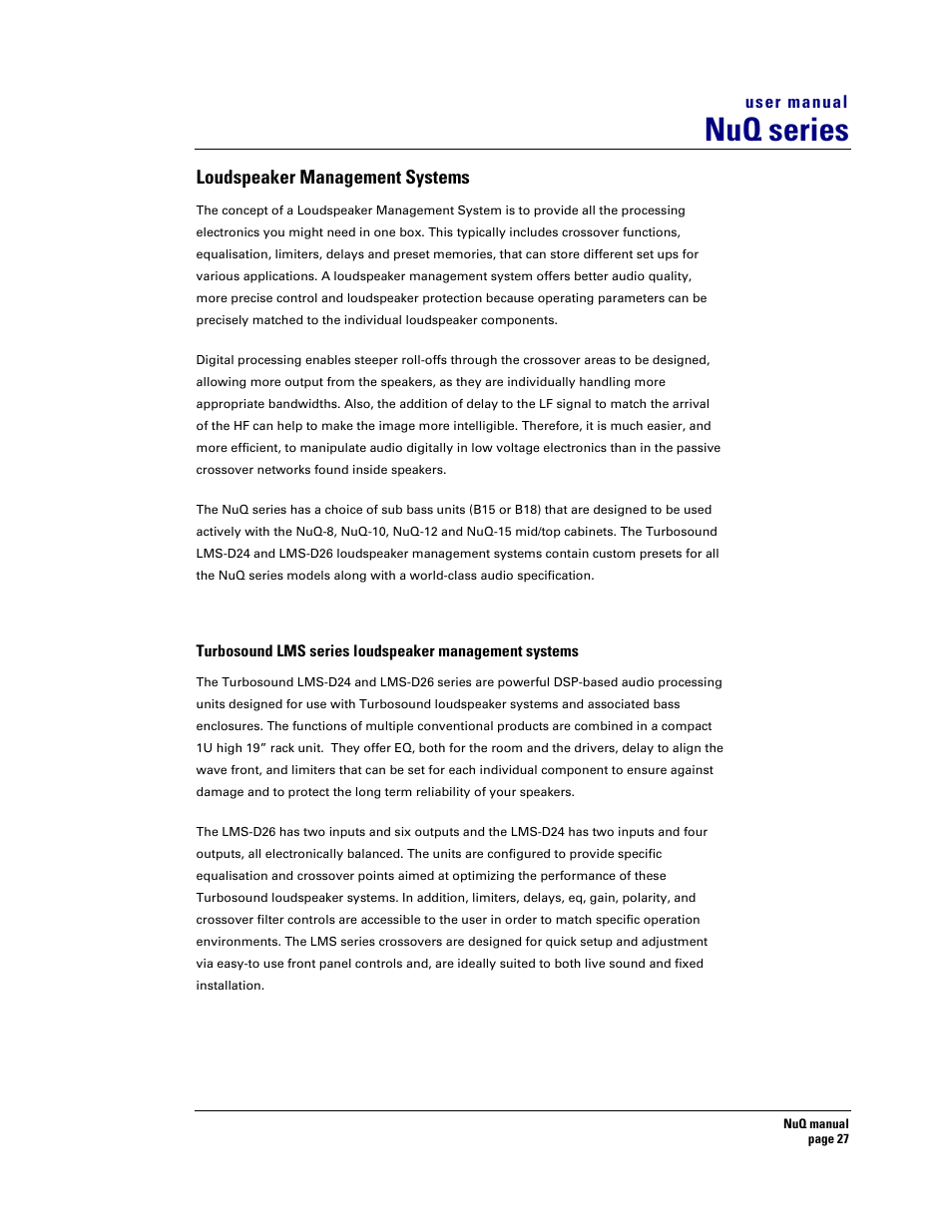 Nuq series, Loudspeaker management systems | Turbosound NuQ SERIES User Manual | Page 27 / 50