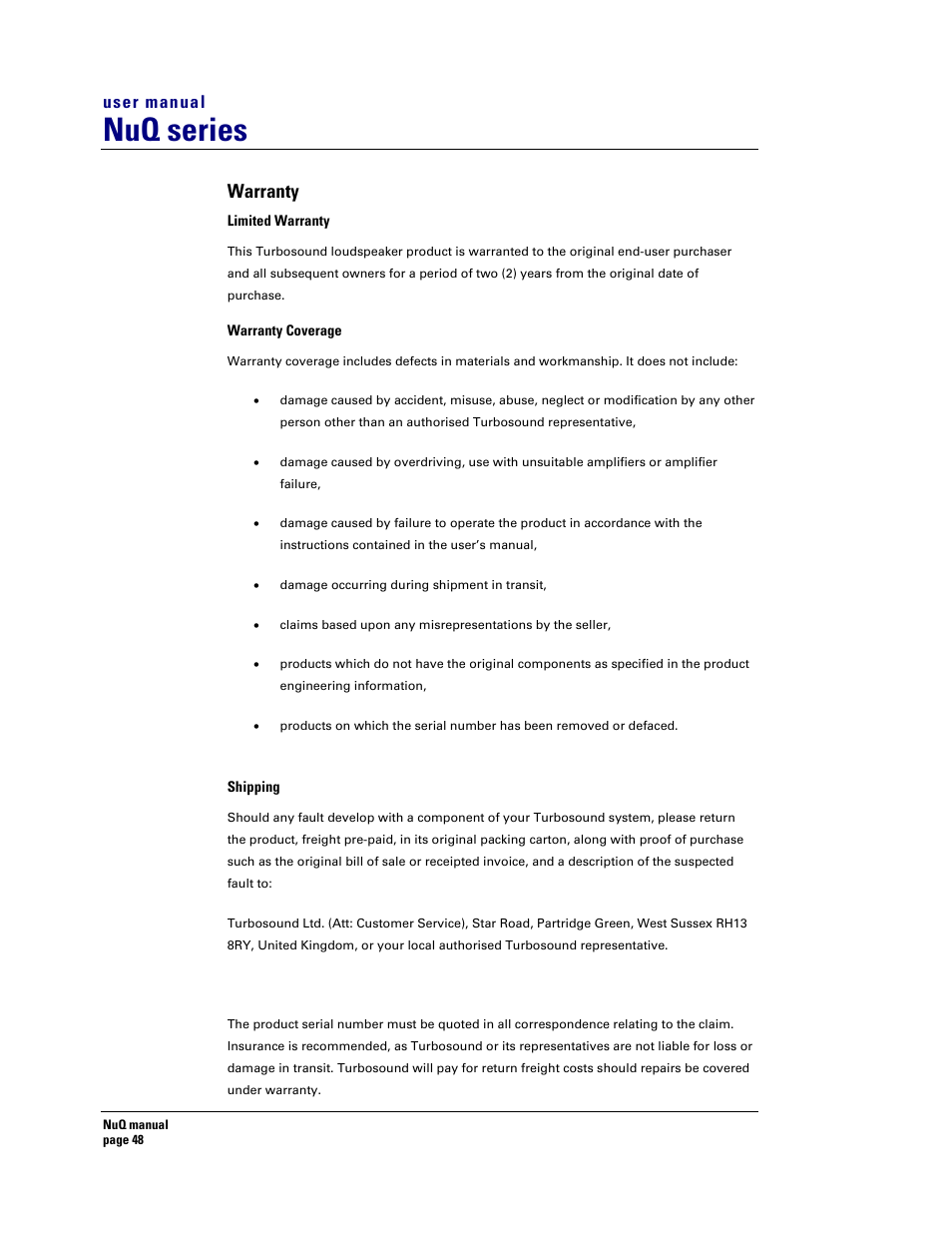 Nuq series, Warranty, User manual | Turbosound NuQ SERIES User Manual | Page 48 / 50