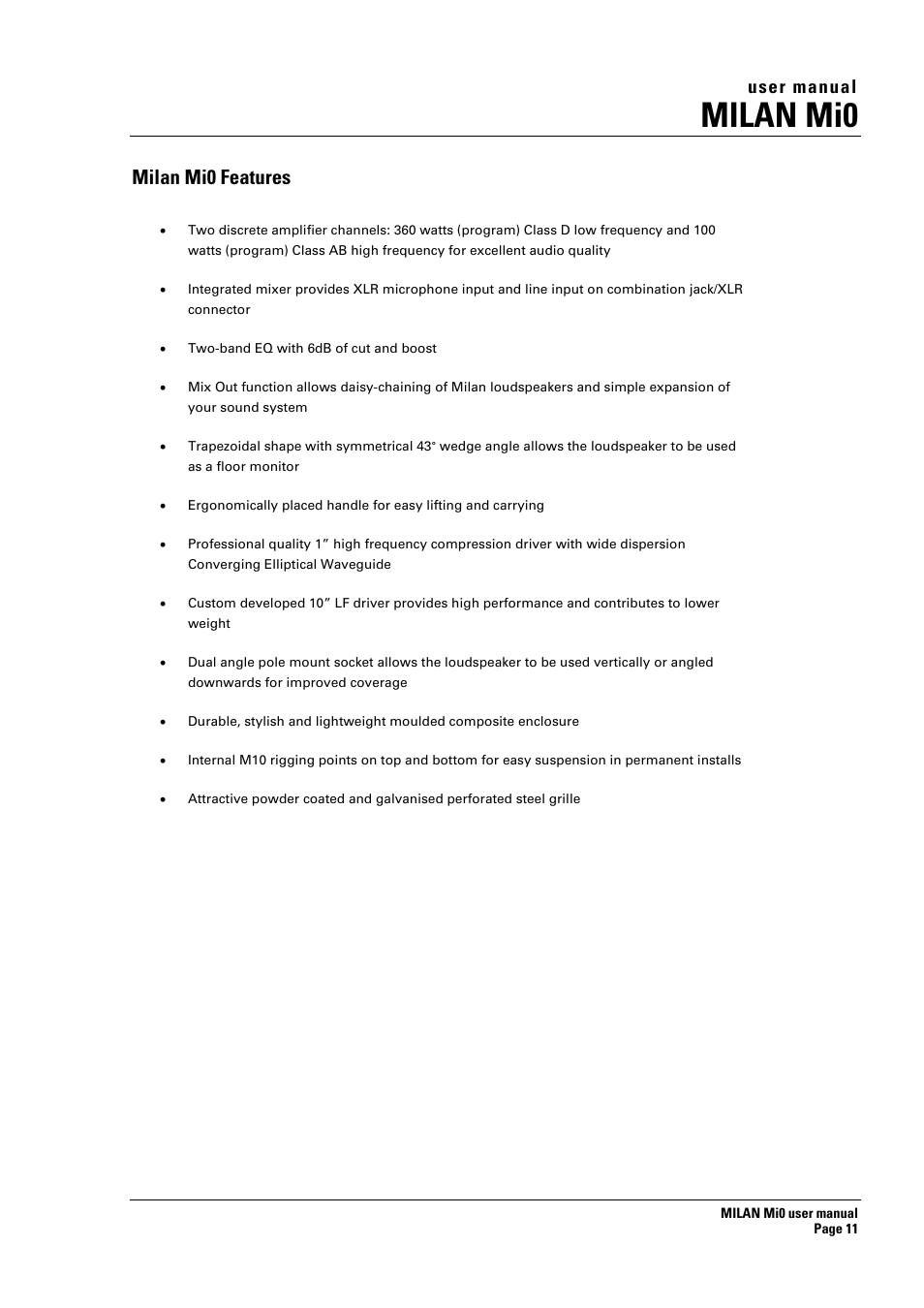 Milan mi0, Milan mi0 features, User manual | Turbosound Milan Mi0 User Manual | Page 11 / 26