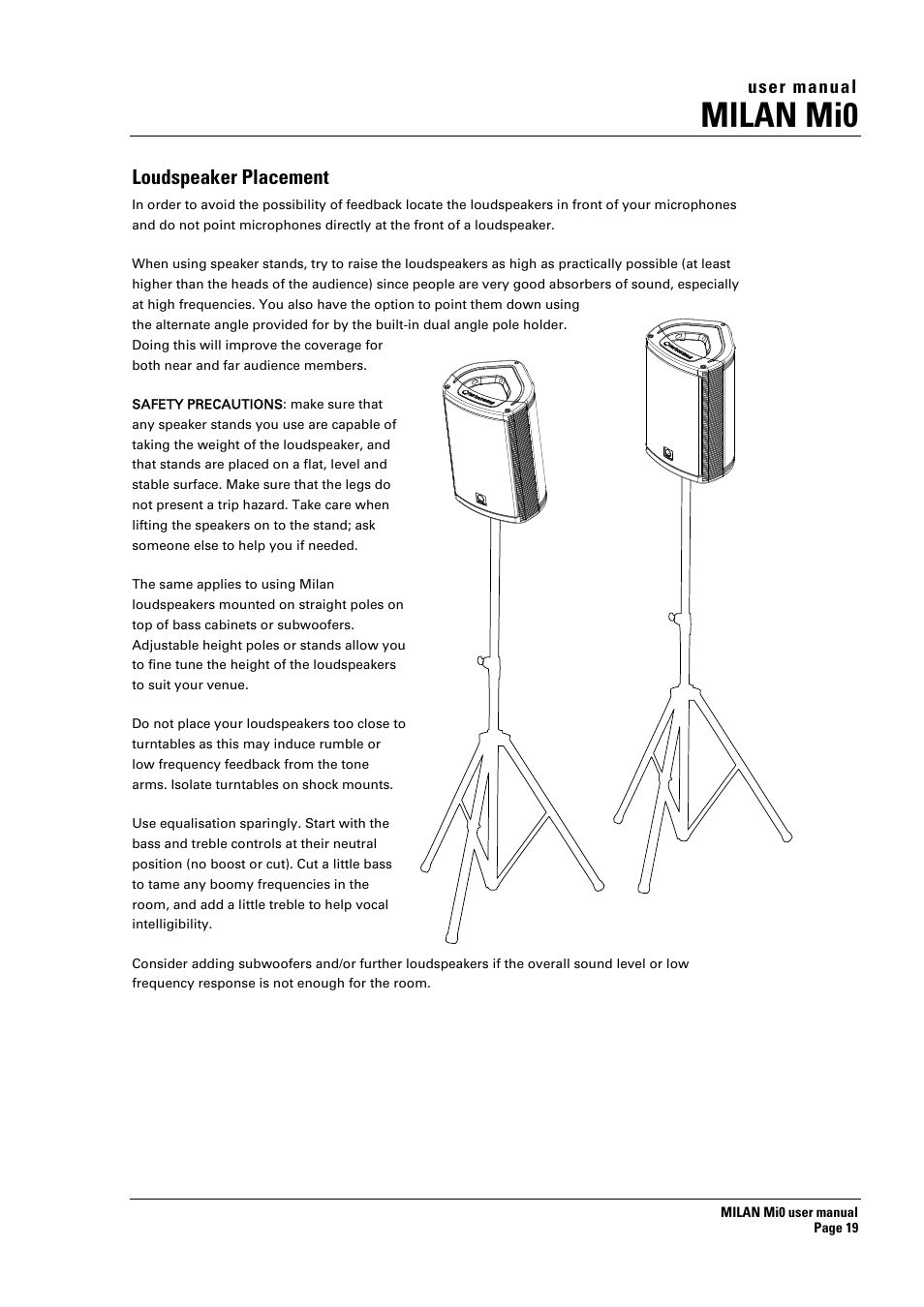 Milan mi0, Loudspeaker placement | Turbosound Milan Mi0 User Manual | Page 19 / 26