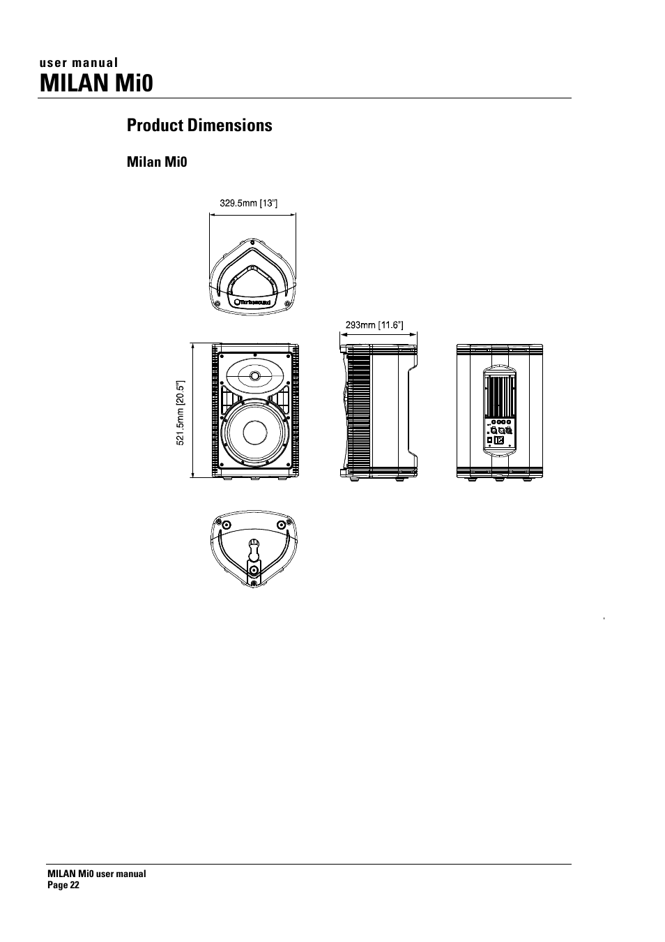 Milan mi0, Product dimensions | Turbosound Milan Mi0 User Manual | Page 22 / 26