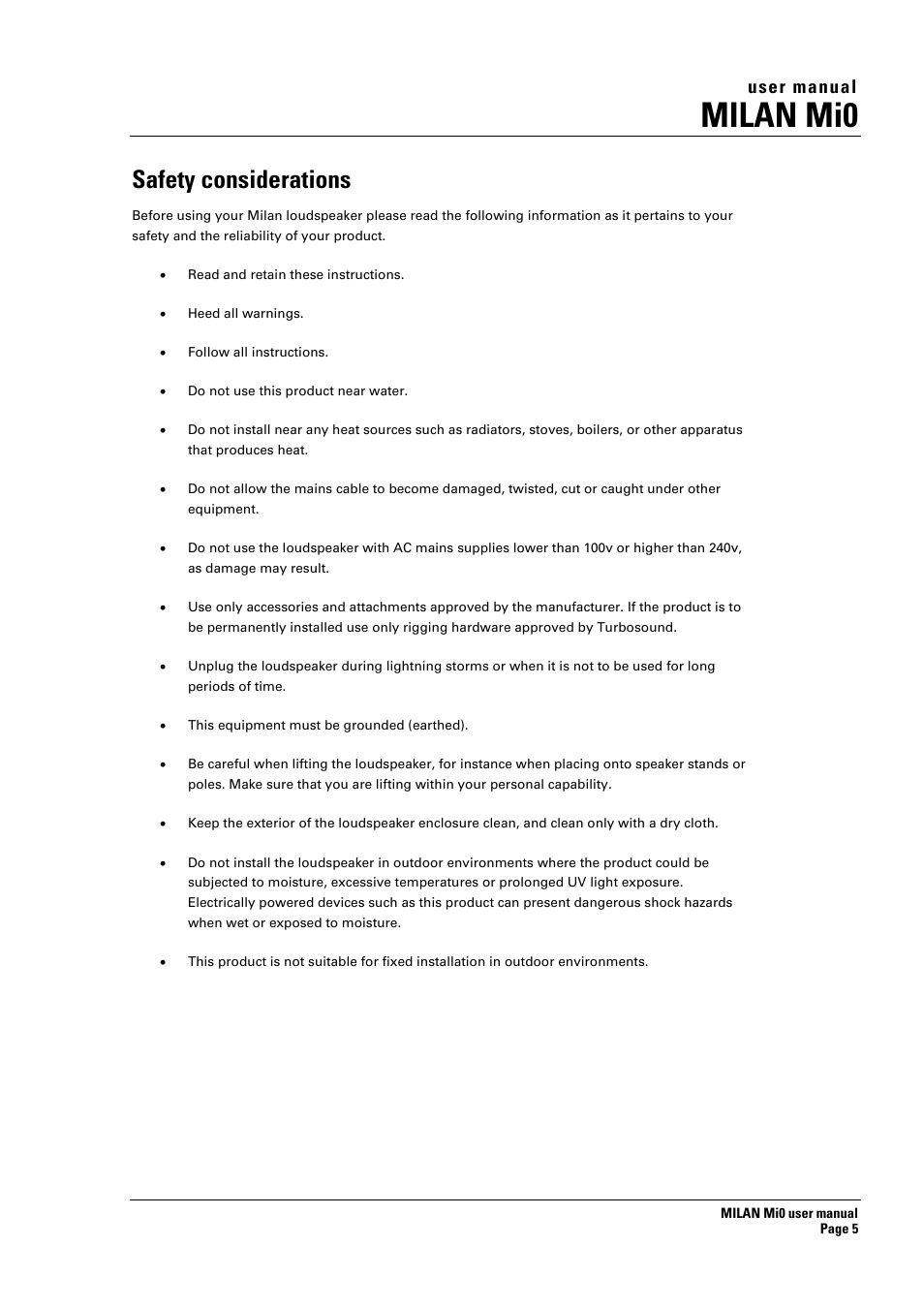 Milan mi0, Safety considerations, User manual | Turbosound Milan Mi0 User Manual | Page 5 / 26