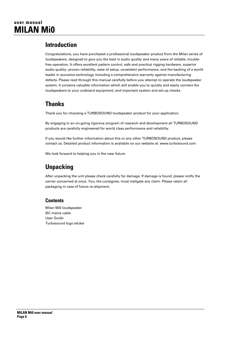 Milan mi0, Introduction, Unpacking | Turbosound Milan Mi0 User Manual | Page 6 / 26