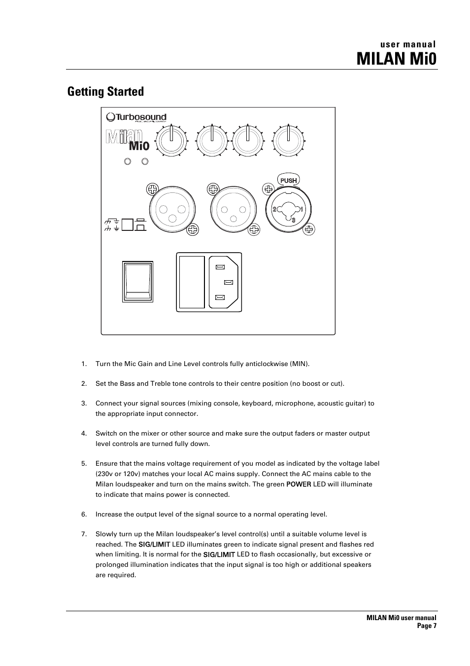 Milan mi0, Getting started, User manual | Turbosound Milan Mi0 User Manual | Page 7 / 26