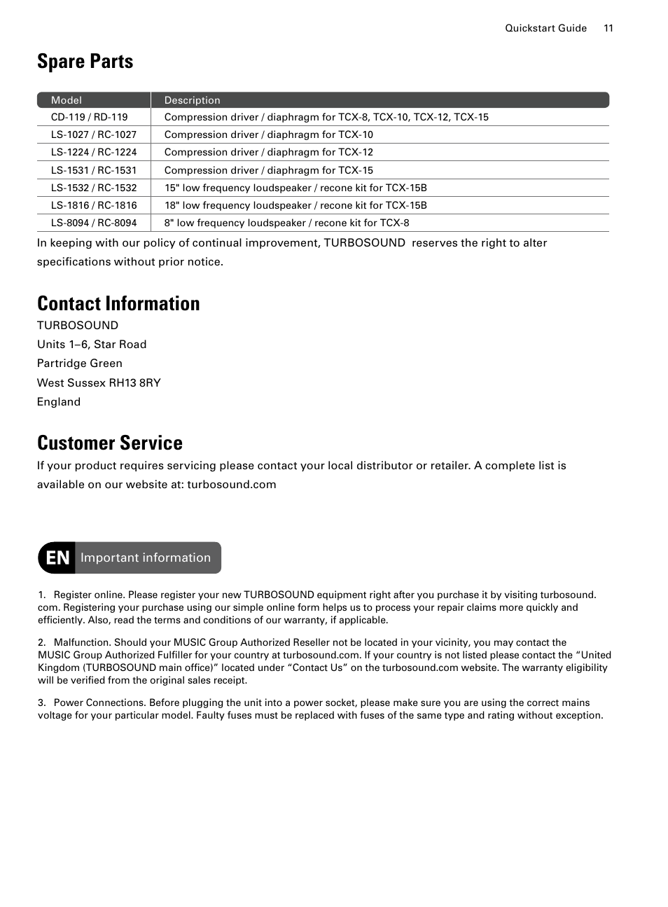 Spare parts contact information customer service, Spare parts, Contact information | Customer service | Turbosound TCX-12 User Manual | Page 11 / 12