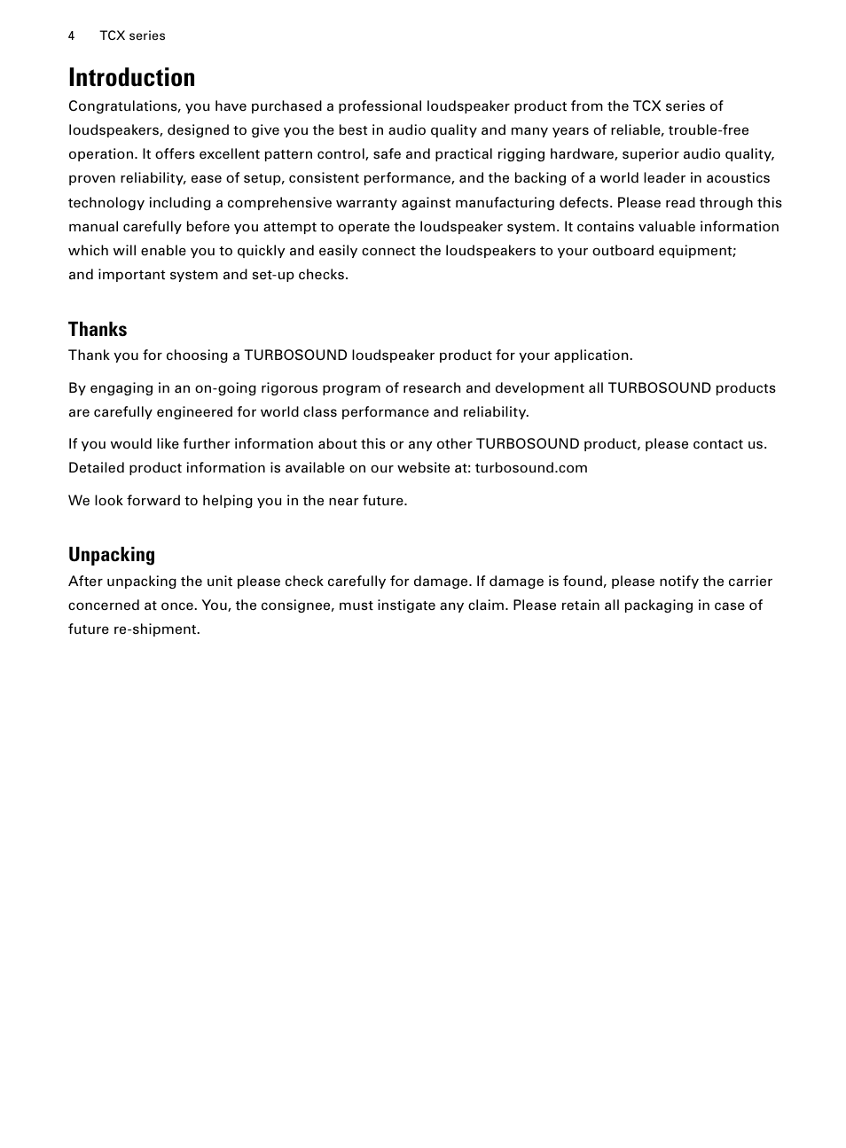 Introduction, Thanks unpacking, Unpacking | Turbosound TCX-12 User Manual | Page 4 / 12