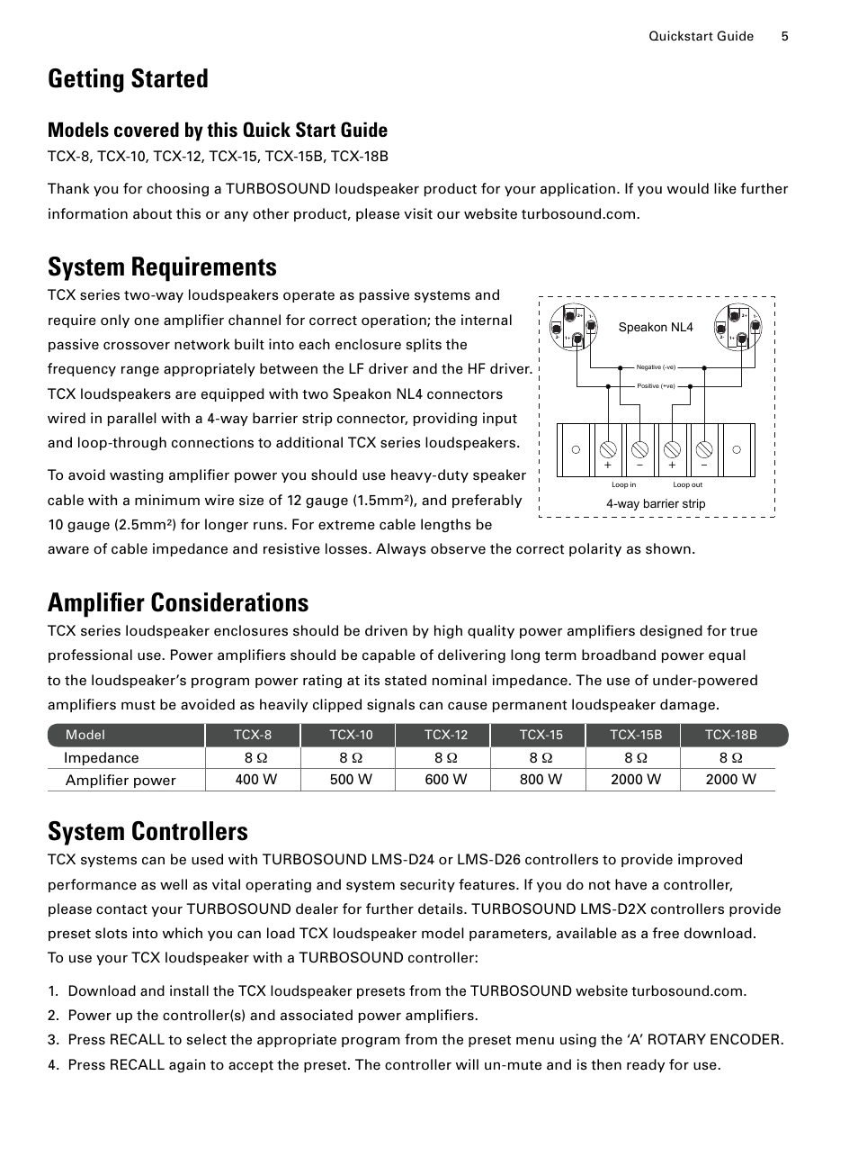 Getting started, Models covered by this quick start guide, System requirements | Amplifier considerations, System controllers | Turbosound TCX-12 User Manual | Page 5 / 12