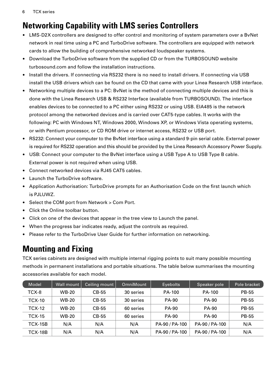 Networking capability with lms series controllers, Mounting and fixing | Turbosound TCX-12 User Manual | Page 6 / 12