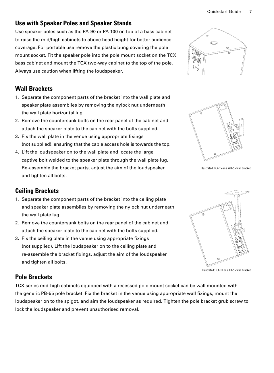 Use with speaker poles and speaker stands, Wall brackets, Ceiling brackets | Pole brackets | Turbosound TCX-12 User Manual | Page 7 / 12