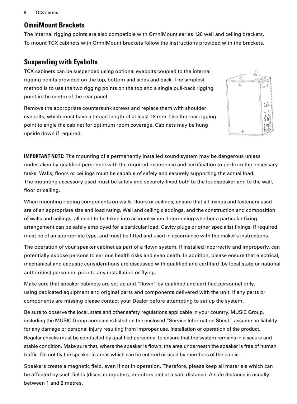 Omnimount brackets suspending with eyebolts, Omnimount brackets, Suspending with eyebolts | Turbosound TCX-12 User Manual | Page 8 / 12