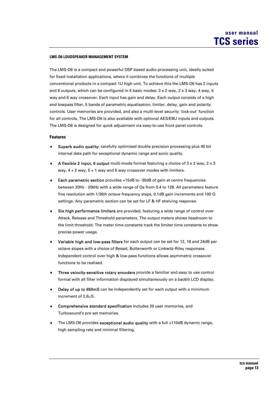 Tcs series, User manual | Turbosound TCS SERIES USER User Manual | Page 13 / 33