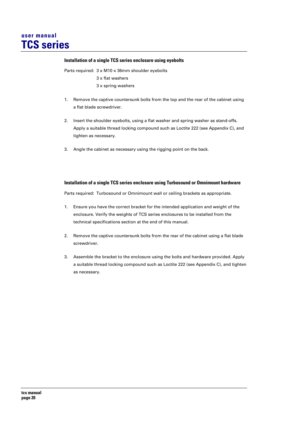 Tcs series, User manual | Turbosound TCS SERIES USER User Manual | Page 20 / 33