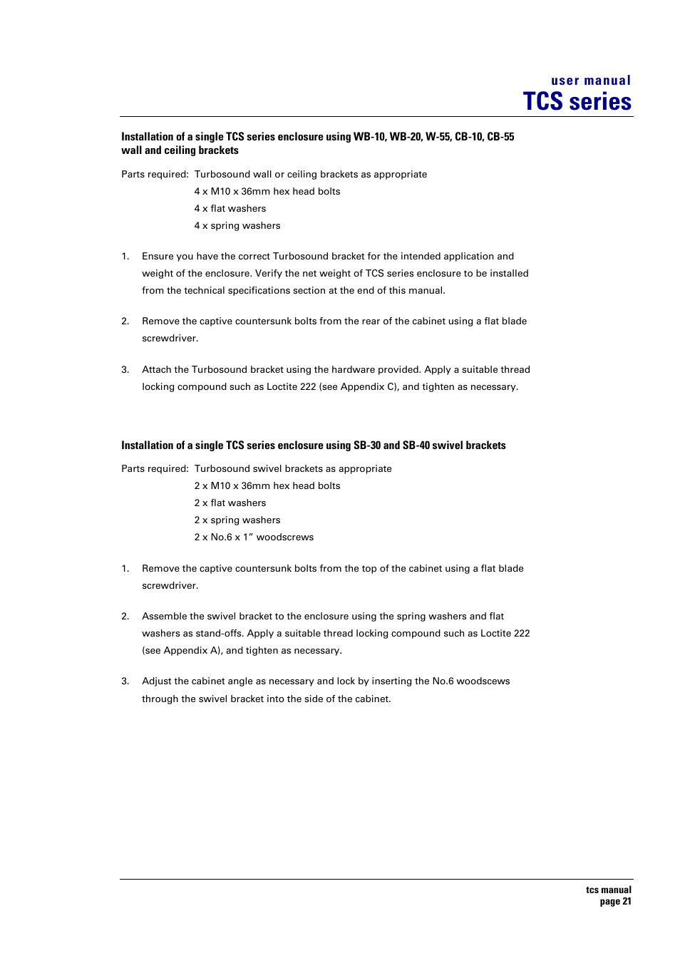 Tcs series, User manual | Turbosound TCS SERIES USER User Manual | Page 21 / 33