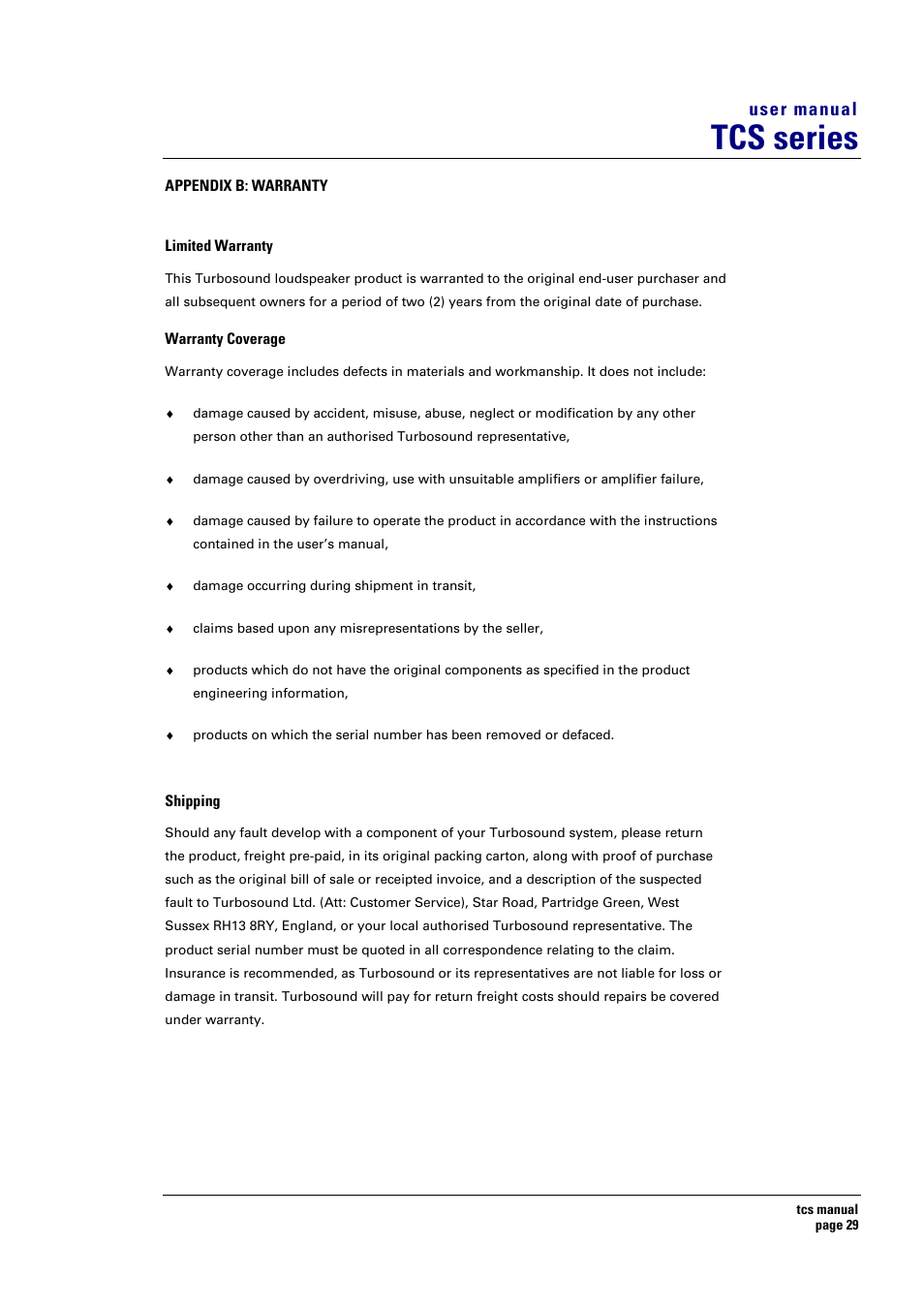 Tcs series, User manual | Turbosound TCS SERIES USER User Manual | Page 29 / 33