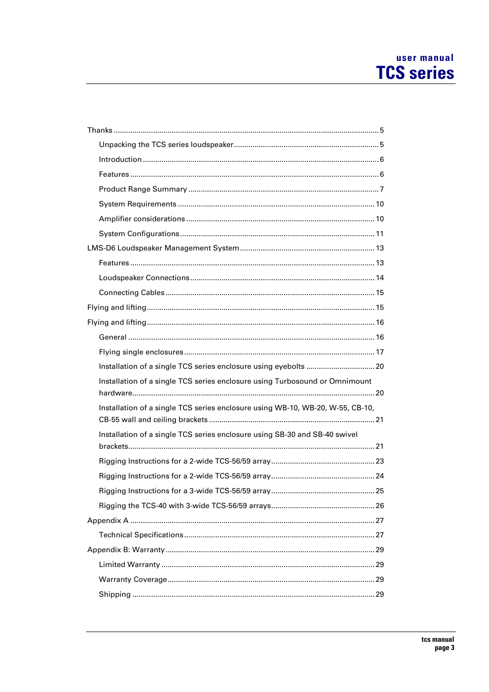 Tcs series | Turbosound TCS SERIES USER User Manual | Page 3 / 33