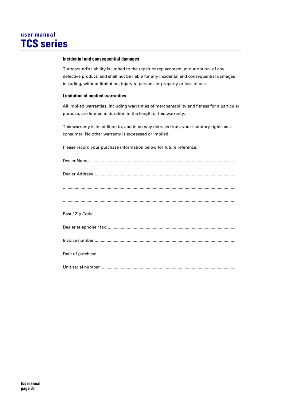 Tcs series, User manual | Turbosound TCS SERIES USER User Manual | Page 30 / 33