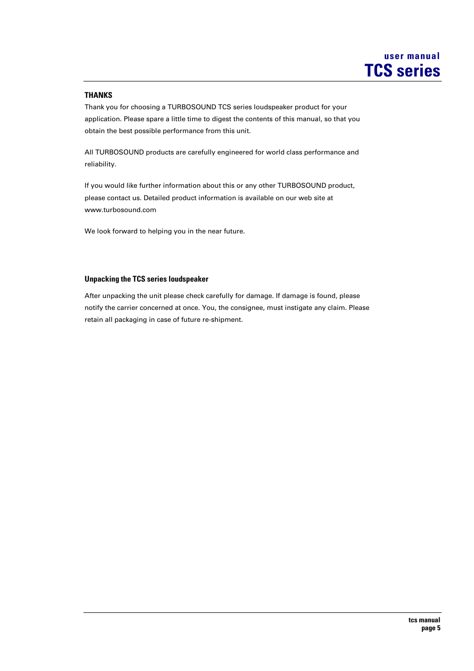 Tcs series | Turbosound TCS SERIES USER User Manual | Page 5 / 33