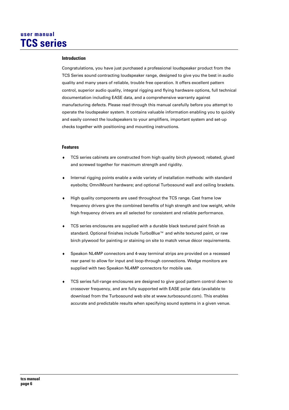 Tcs series, User manual | Turbosound TCS SERIES USER User Manual | Page 6 / 33