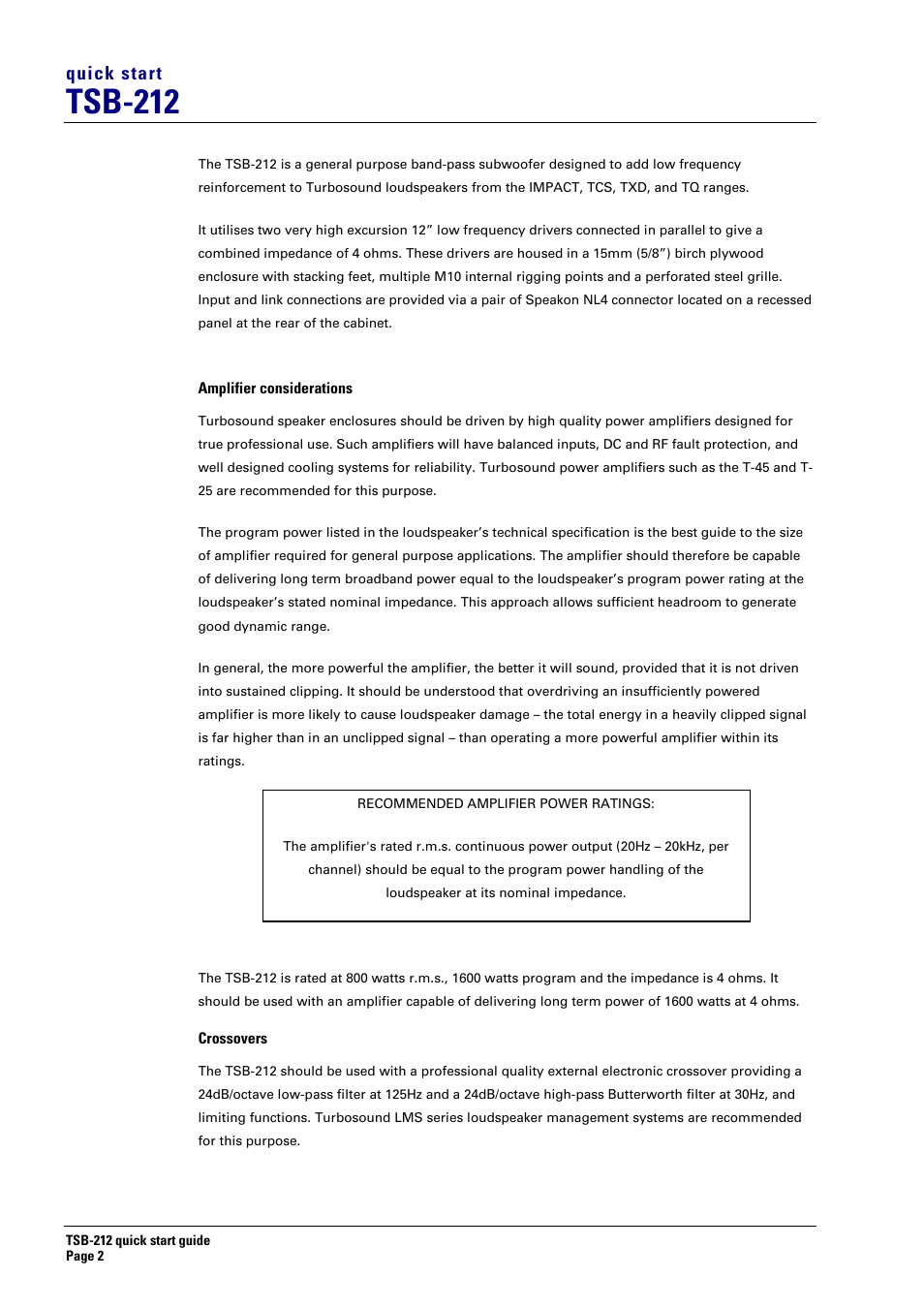 Tsb-212, Quick start | Turbosound TSB-212 User Manual | Page 2 / 4