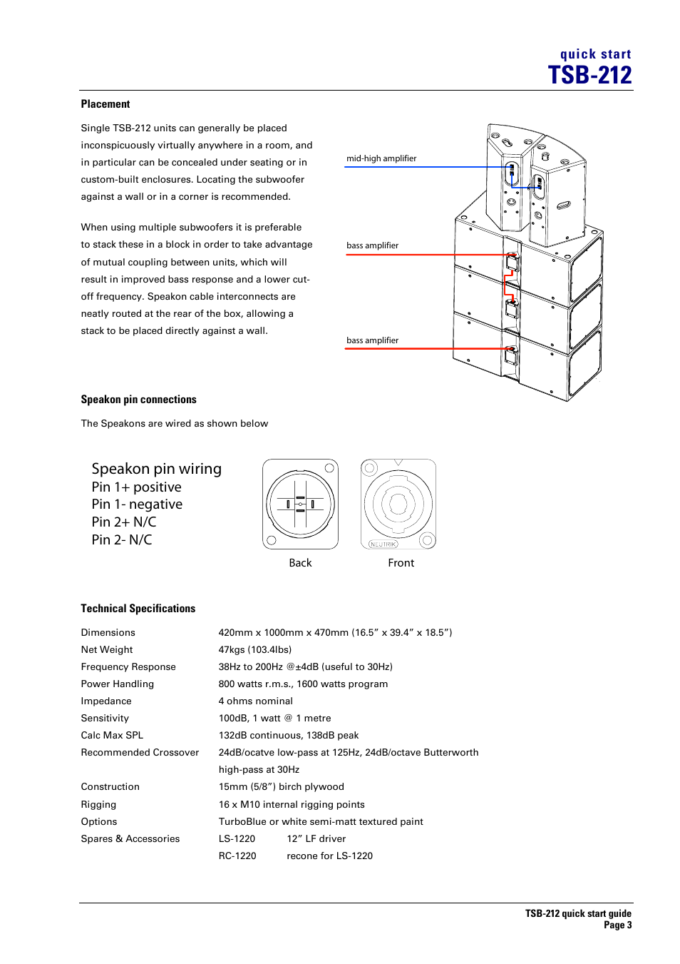 Tsb-212, Speakon pin wiring, Quick start | Turbosound TSB-212 User Manual | Page 3 / 4