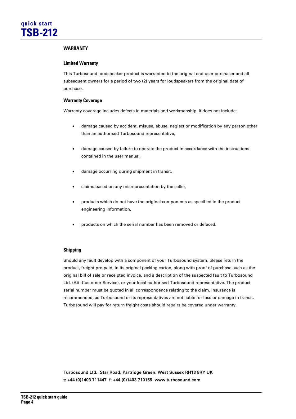 Tsb-212, Quick start | Turbosound TSB-212 User Manual | Page 4 / 4