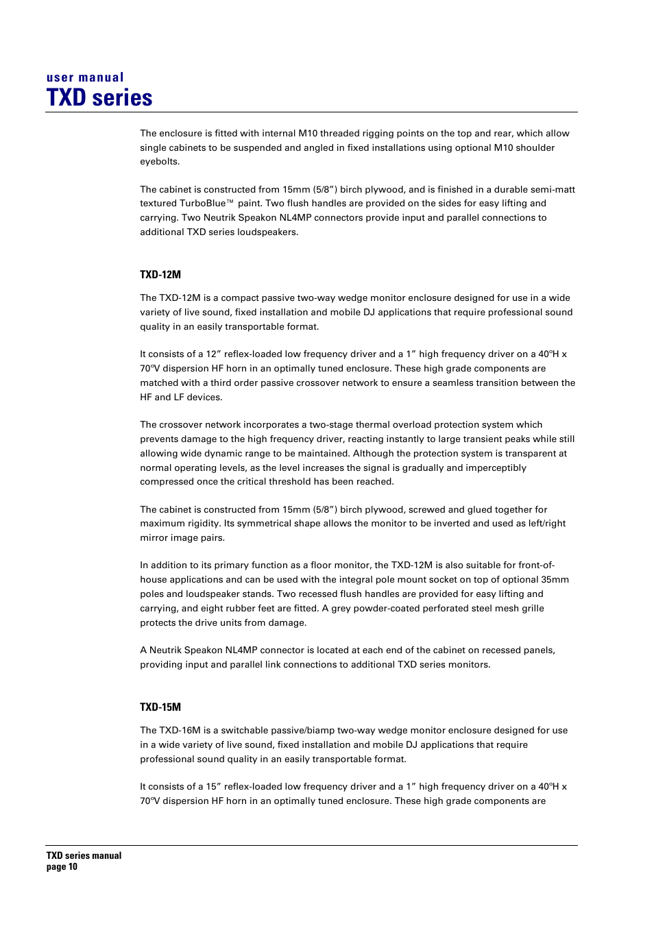 Txd-12m, Txd-15m, Txd series | User manual | Turbosound TXD series User Manual | Page 10 / 32