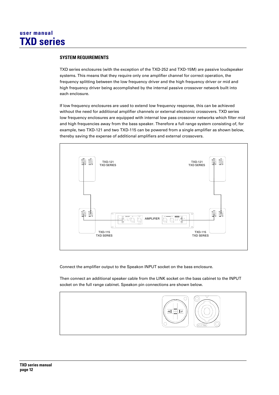 System requirements, Txd series, User manual | Speakon pin w iri ng, Pin 1 gnd. pin 3 pin.2, Pin 1 gnd, Pin 2 pin 3, Txd series manual page 12 back fron t | Turbosound TXD series User Manual | Page 12 / 32