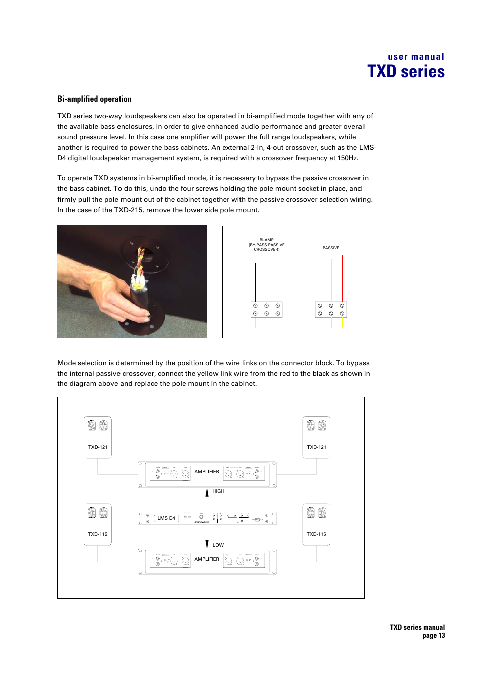 Bi-amplified operation, Txd series, User manual | Pin 1 gnd. pin.2. pin 3, Pin 1 gnd, Pin 3 pin 2, Pin.2. pin 3 pin 2 pin 3, Txd series manual page 13 | Turbosound TXD series User Manual | Page 13 / 32