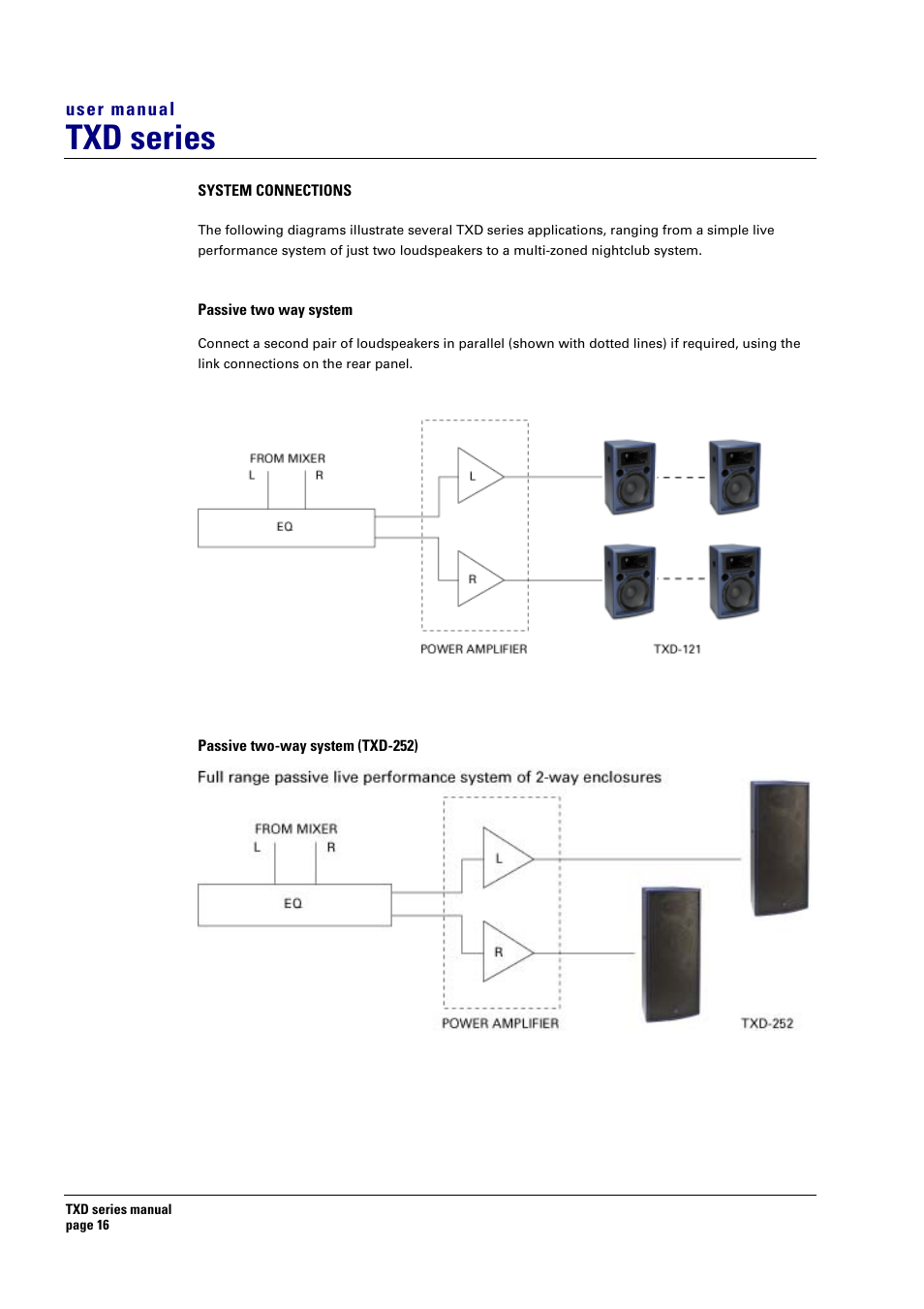 System connections, Passive two way system, Passive two-way system (txd-252) | Txd series | Turbosound TXD series User Manual | Page 16 / 32