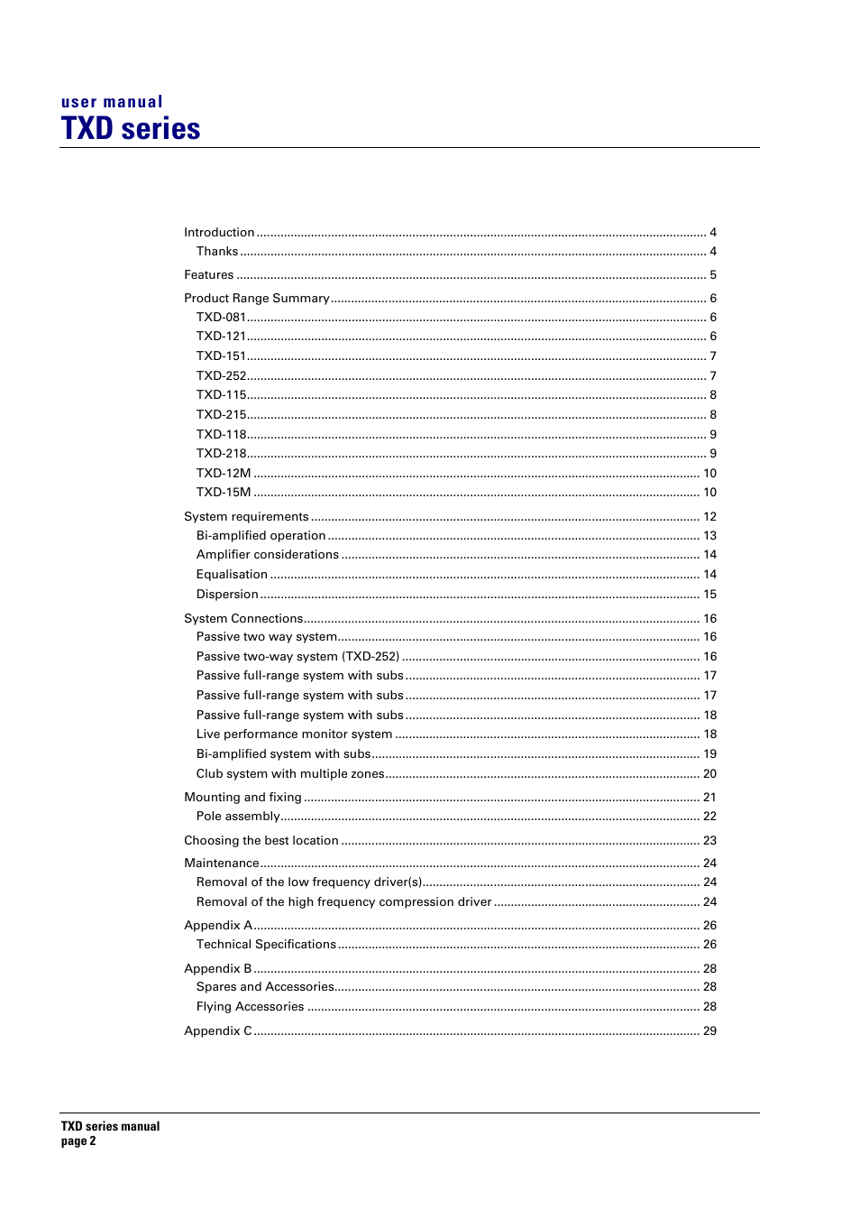 Txd series | Turbosound TXD series User Manual | Page 2 / 32